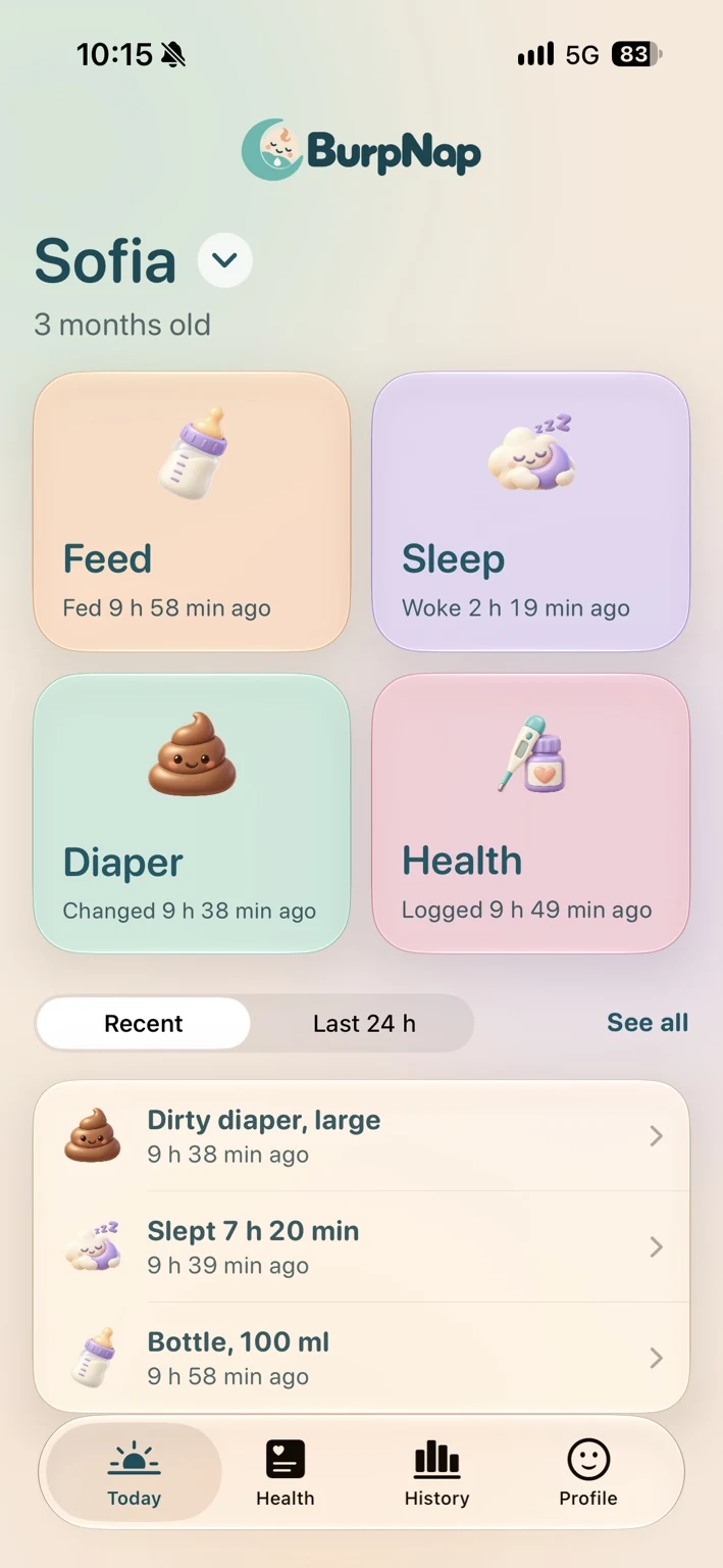 BurpNap’s Today screen: Feed, Sleep, Diaper and Health cards with when each last happened